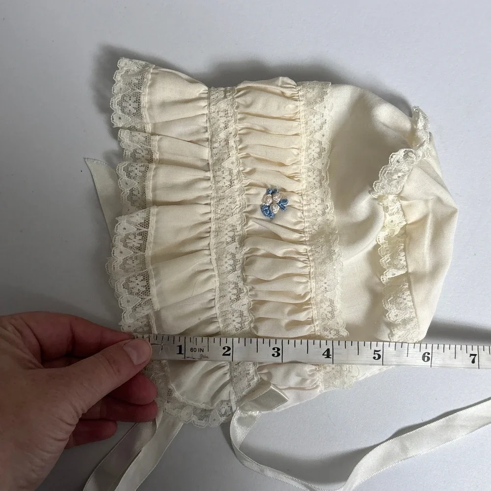 Vintage Baby Bonnet Cream Lace Ruffle Floral Embroidery Ribbon Heart Christening